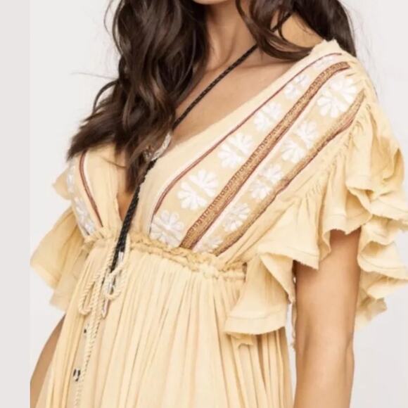 Free People M Midi Dress | Boho Embroidered Gauze, Ruffle Sleeves, Tassel Tie - Picture 3 of 7